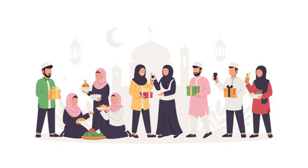 Obraz premium People gather in a cultural setting with mosque architecture in background