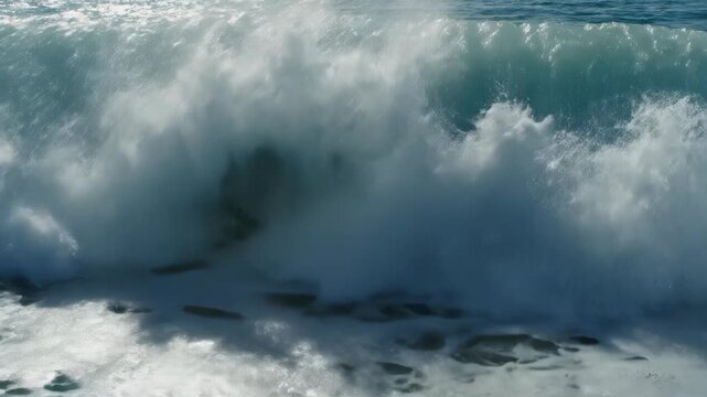 Aerial view of foamy ocean waves and turquoise sea surface with sunlight reflections and dynamic surf motion, revealing frothy breakers, ripples, and coastal seascape patterns.