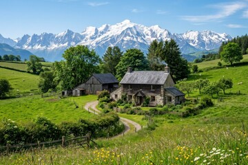 Obraz premium Stone House in Countryside with Green Fields and Snow Capped Mountains Under Blue Sky