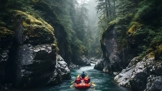White water rafting group in misty canyon forest river