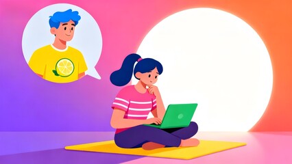 Fototapeta premium A girl sits on a mat using a laptop while thinking about a boy in a speech bubble, set against a vibrant gradient background.