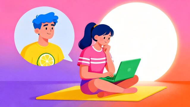A girl sits on a mat using a laptop while thinking about a boy in a thought bubble.