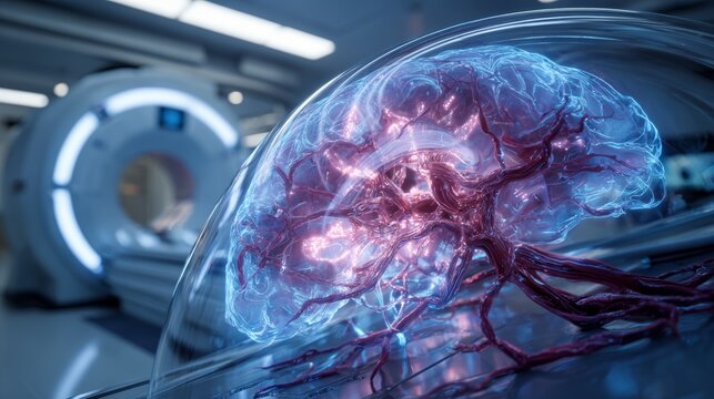 A glowing, stylized human brain enclosed in a glass sphere, set against a CT scanner in a medical setting
