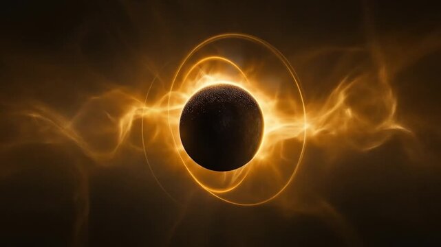 Abstract solar flare effect glowing orb with energy waves in dark space