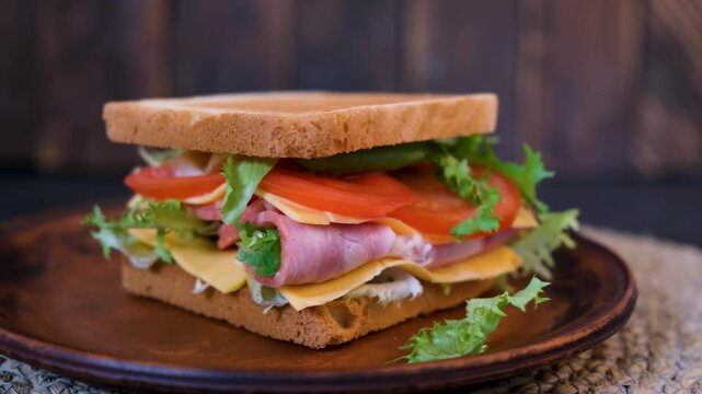 Food rotation video of homemade sandwich with ham and cheese