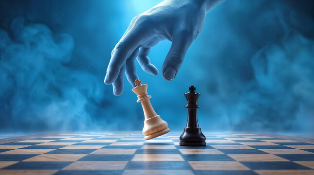 Hand moving white king chess piece on checkered board against smoky blue background. Strategic decision making and competition concept.