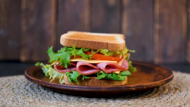 Rotating sandwich with ham cheese and fresh vegetables on dark background
