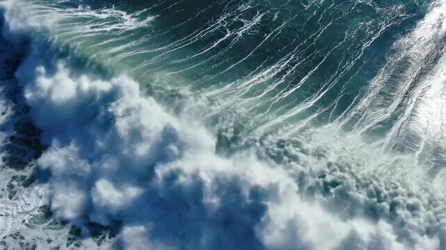 Aerial coastal view of churning ocean waves and foamy surf with parallel wave lines and turquoise to deep blue water, revealing dynamic currents, texture and motion from above