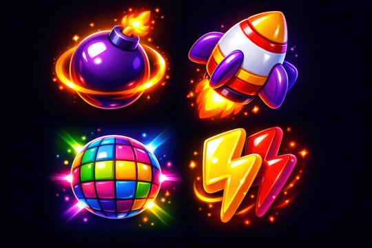 Colorful game power ups set, vortex, rocket, shield and energy box, glowing cartoon icons