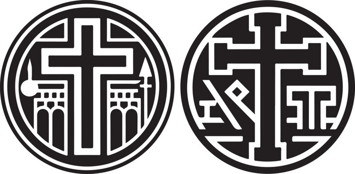 Black and white christogram chi rho symbol circle with alpha omega