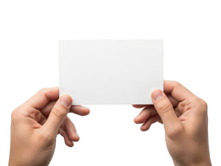 Obraz premium Hands holding a blank white card isolated on transparent background