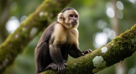 Fototapeta premium Monkey sitting on tree branch in green forest environment