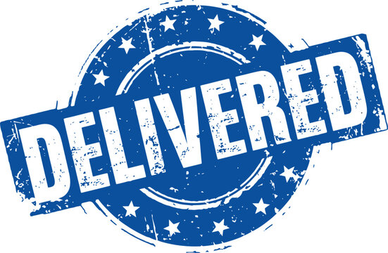 Blue rubber stamp with white stars and delivered text on transparent background