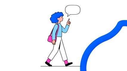 Fototapeta premium A person with blue hair and a backpack walking along a path, pointing upward with a thought bubble above their head.