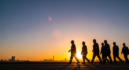 Fototapeta premium Silhouetted group of construction workers walking towards the sunset.