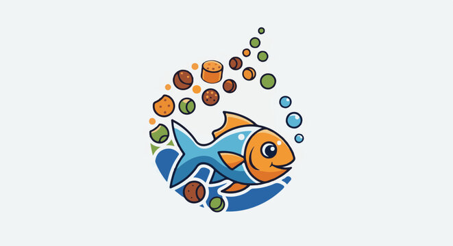 Cheerful cartoon fish with food pellets and bubbles in a water drop