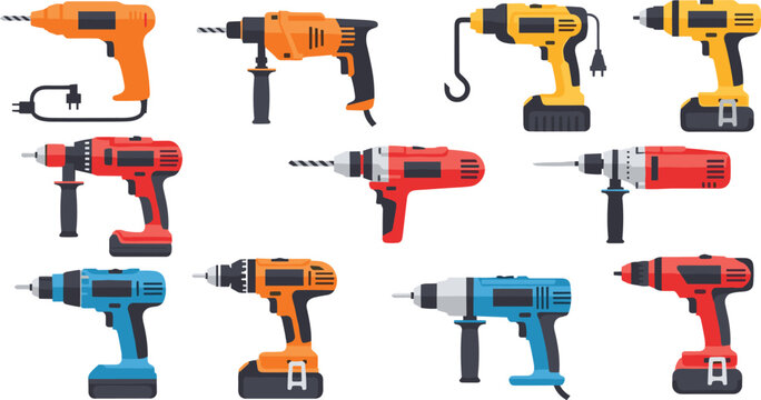 Power Drill Tool Vector Set with Electric Cordless Drilling Machines Different Models Construction Equipment Collection for Repair Workshop and Industrial Design