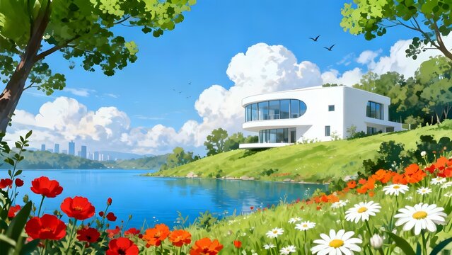 Modern white house on a grassy hillside overlooking a lake, surrounded by colorful flowers and trees under a bright blue sky
