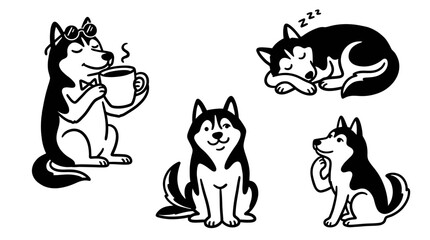 Siberian Husky Dogs Pet Lifestyle Cartoon Black  White Line Art Vector Set © Wagiman Studio