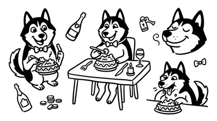 Black  White Line Art of Husky Dogs Enjoying a Luxury Celebration Dinner with Drinks © Wagiman Studio