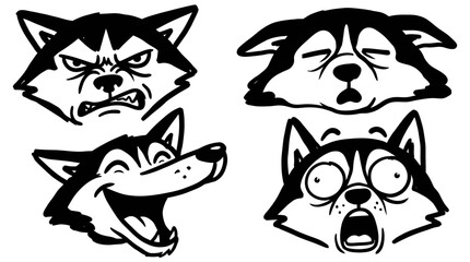 Black and White Line Art Husky Dog Faces Showing Different Emotions © Wagiman Studio