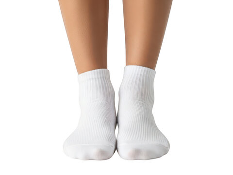 A pair of white ankle socks on woman's feet isolated on transparent background