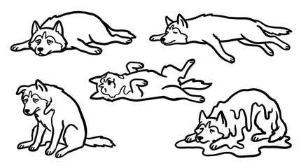 Funny Tired and Melting Husky Dogs Black and White Line Art Collection © Wagiman Studio