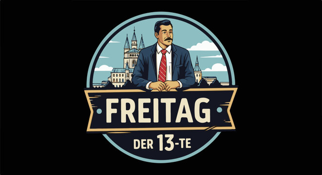 Business-like man with mustache, buildings, and text "FREITAG DER 13-TE