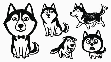 Black and White Line Art Cute Husky Dogs Cartoon Collection © Wagiman Studio