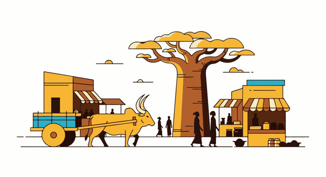 Bullock cart loaded with goods passes market stalls under a large baobab tree