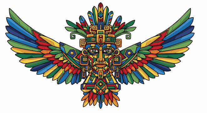 Colorful feathered deity with human face and outstretched wings