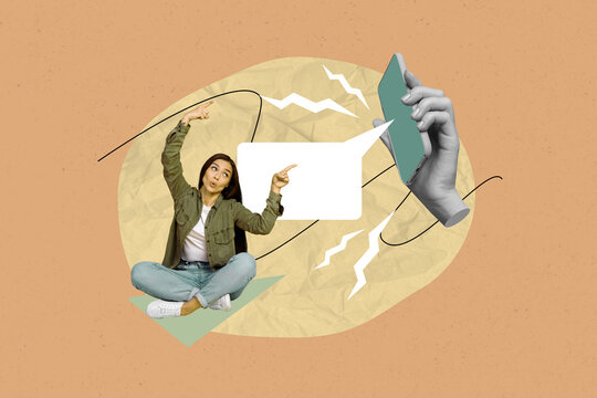 Trend poster collage of oerson stand demonstrate near hand hold gadget with textbox on orange background