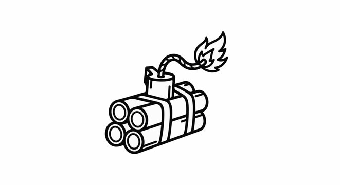 Cartoon dynamite bundle with burning fuse, stylized line art