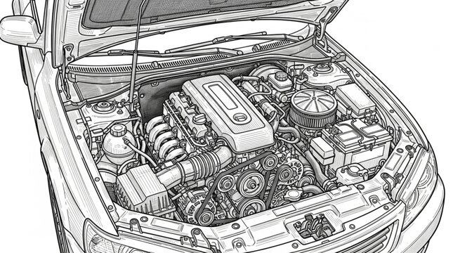 Close up detailed car engine bay showing mechanical components.