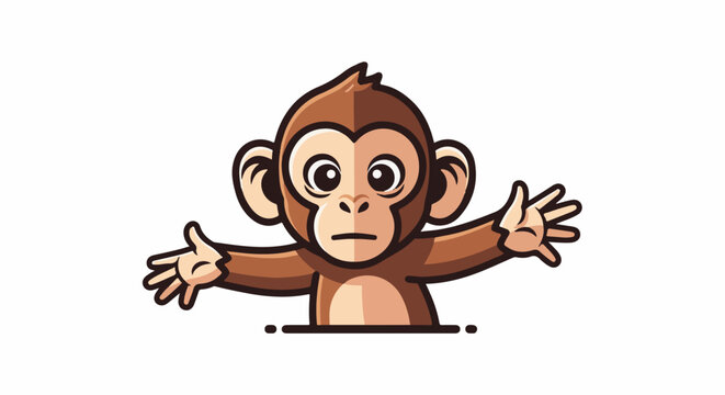 Cartoon monkey with wide open arms, looking curious and confused
