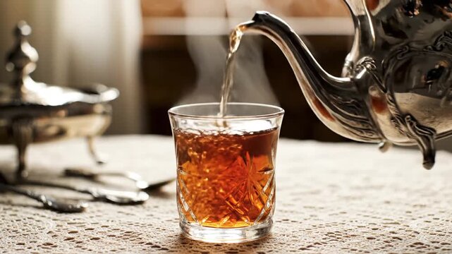 Hot tea poured from ornate silver teapot into crystal glass.