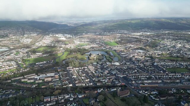 4K Aerial Long Shot of Caerphilly and Caerphilly Castle, Wales