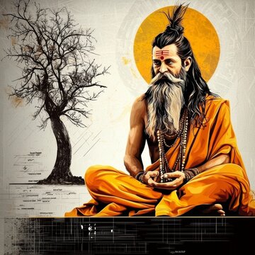 Artistic portrayal of Vyasa in a vibrant watercolor style for the Guru Purnima festival.