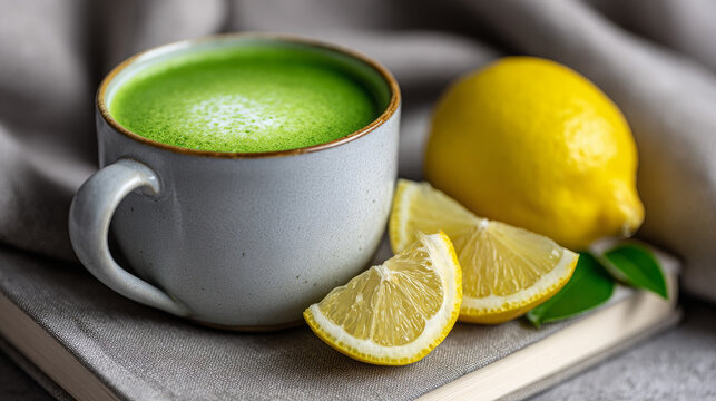 Green matcha tea in cup with lemon slices and yellow lemon  