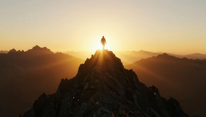 Naklejka premium A man stands on a mountain peak at sunrise. The man looks out over the vast mountains and valleys, illuminated by the warm light of the sunrise.