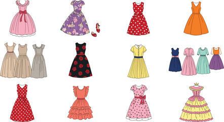 Women dresses collection with vintage and modern styles featuring floral polka dot and elegant fashion outfits vector illustration set © MatRukshana
