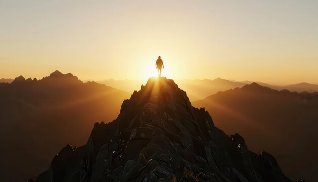 A man stands on a mountain peak at sunrise. The man looks out over the vast mountains and valleys, illuminated by the warm light of the sunrise.