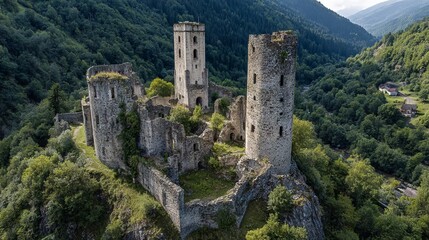 Naklejka premium Aerial view of a historic, stone fortress in ruin, surrounded by lush green trees on a mountain