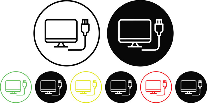 Various icons depicting computer monitors connected to power sources and cables