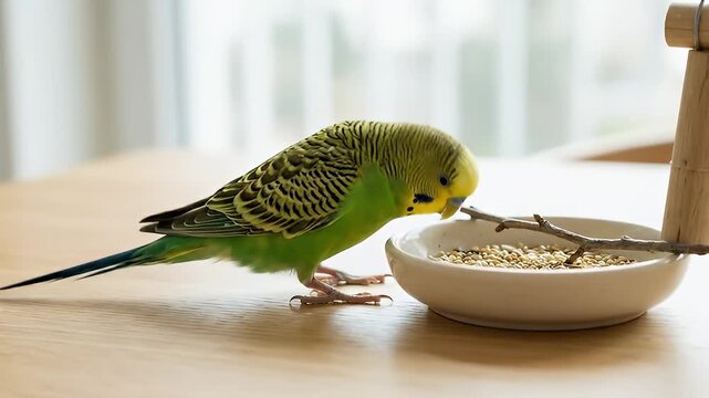 Vibrant green and yellow budgie perching on a wooden table beside a bowl of seeds in bright indoor light a colorful pet bird