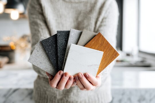 Hands presenting diverse surface material samples for interior design and home choices
