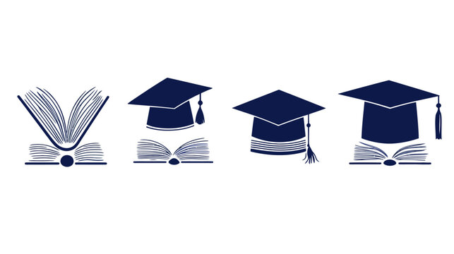 Various illustrations of graduation caps, books and elements for education on white backdrop