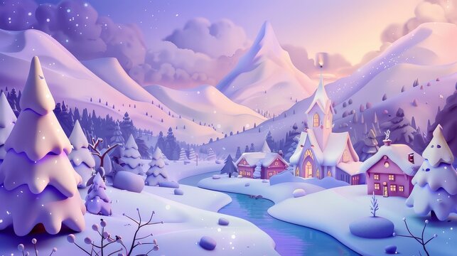 Cute 3D cartoon winter village with river and mountains, soft purple sky snowy landscape illustration