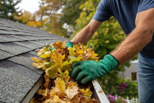 Man in green work gloves manually removing a large pile of wet fall leaves from a gutter