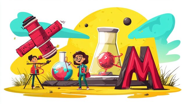 Cartoon representation celebrating National Science Day in India.